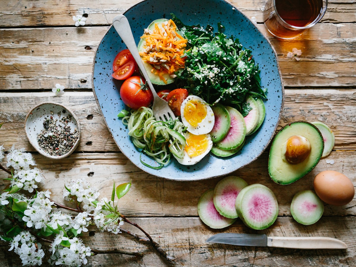 Colourful healthy meal on a wooden table